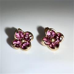14K Yellow Gold APX 3.8 CTW Pink Tourmaline Flower Earrings 2.24g